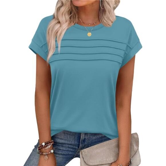 Pleated Cap Sleeve Top – Flowy Casual Tee for Women - Picture 1 of 6